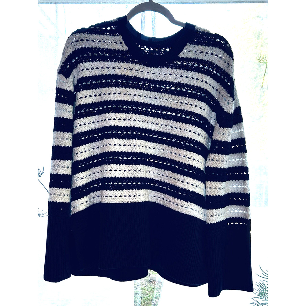 GAP Crochet Sweater Y2K Women Size M White/Navy Split-Hem Oversized Boho